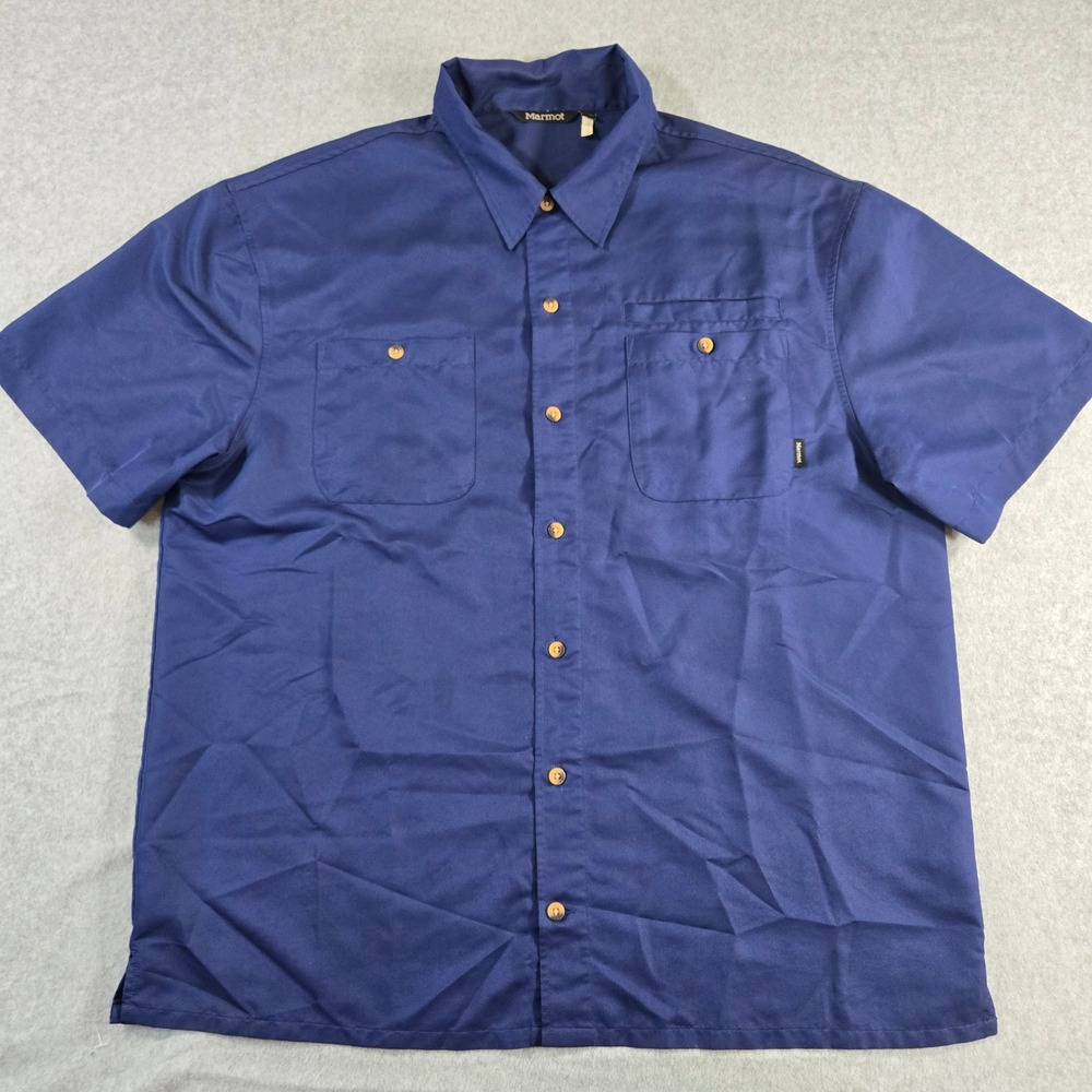 Marmot Mens XL Blue Short Sleeve Button Down Hiking Utility Shirt H6075-1-ITX